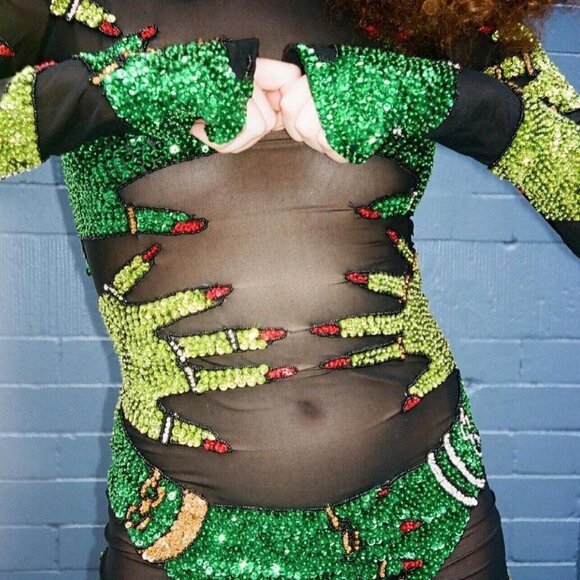 DISCOUNT UNIVERSE ELIXIR GREEN SEQUIN HANDS MINI MESH DRESS RAVE FESTIVAL PARTY - Picture 7 of 11